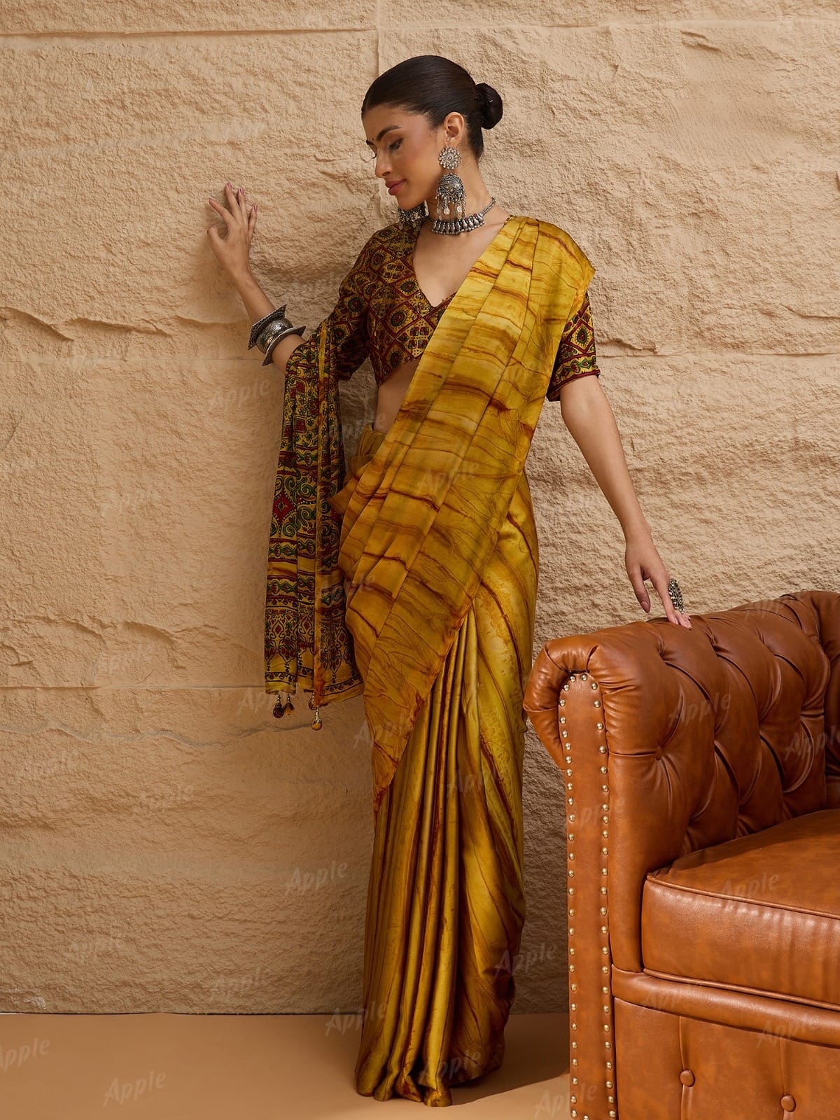 Traditional Yellow Silk Saree with Printed Blouse | Elegant Designer Saree for Women