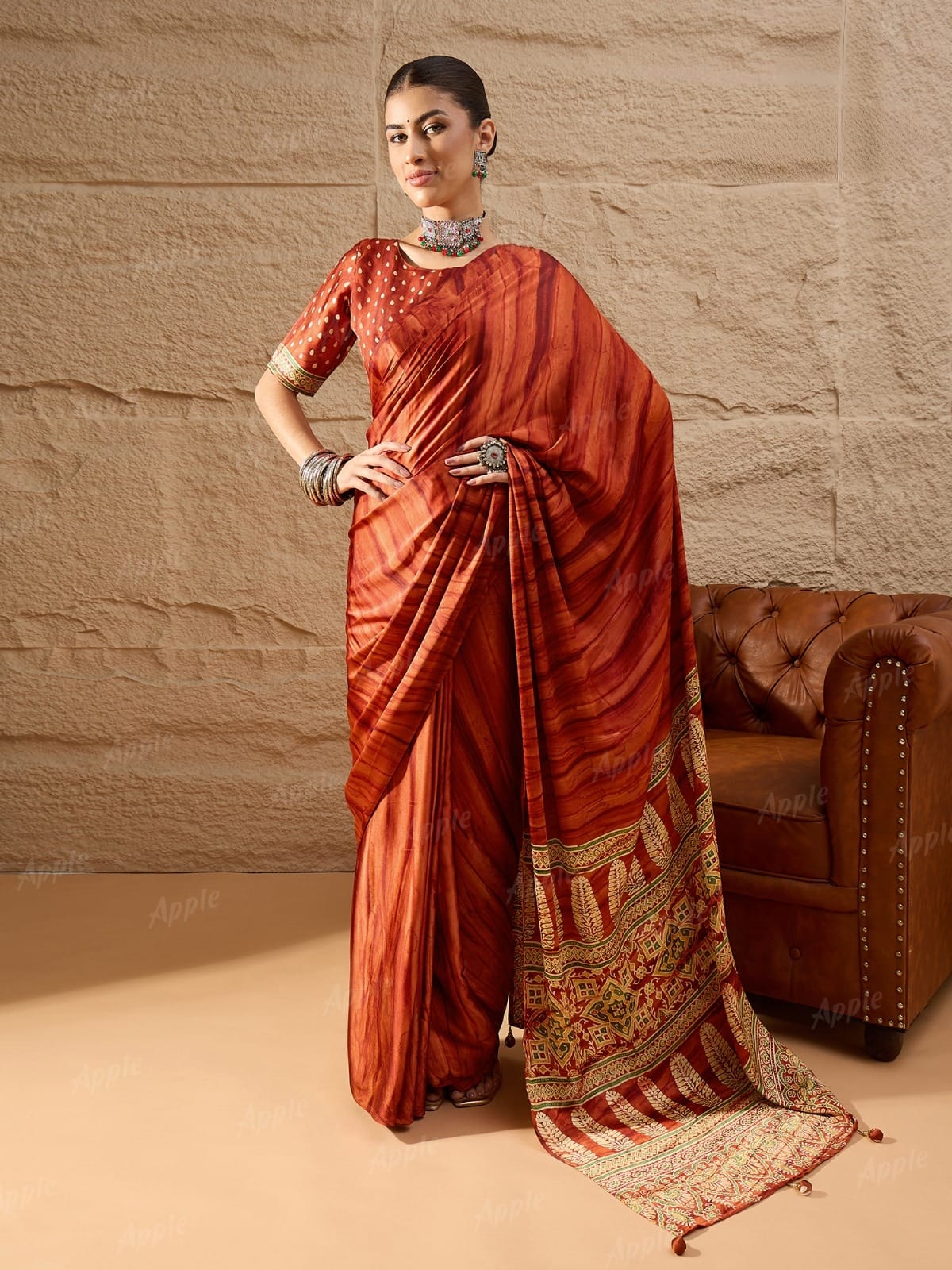 Designer Rust Orange Silk Saree with Printed Pallu & Stylish Blouse – Perfect for Wedding & Festive Wear