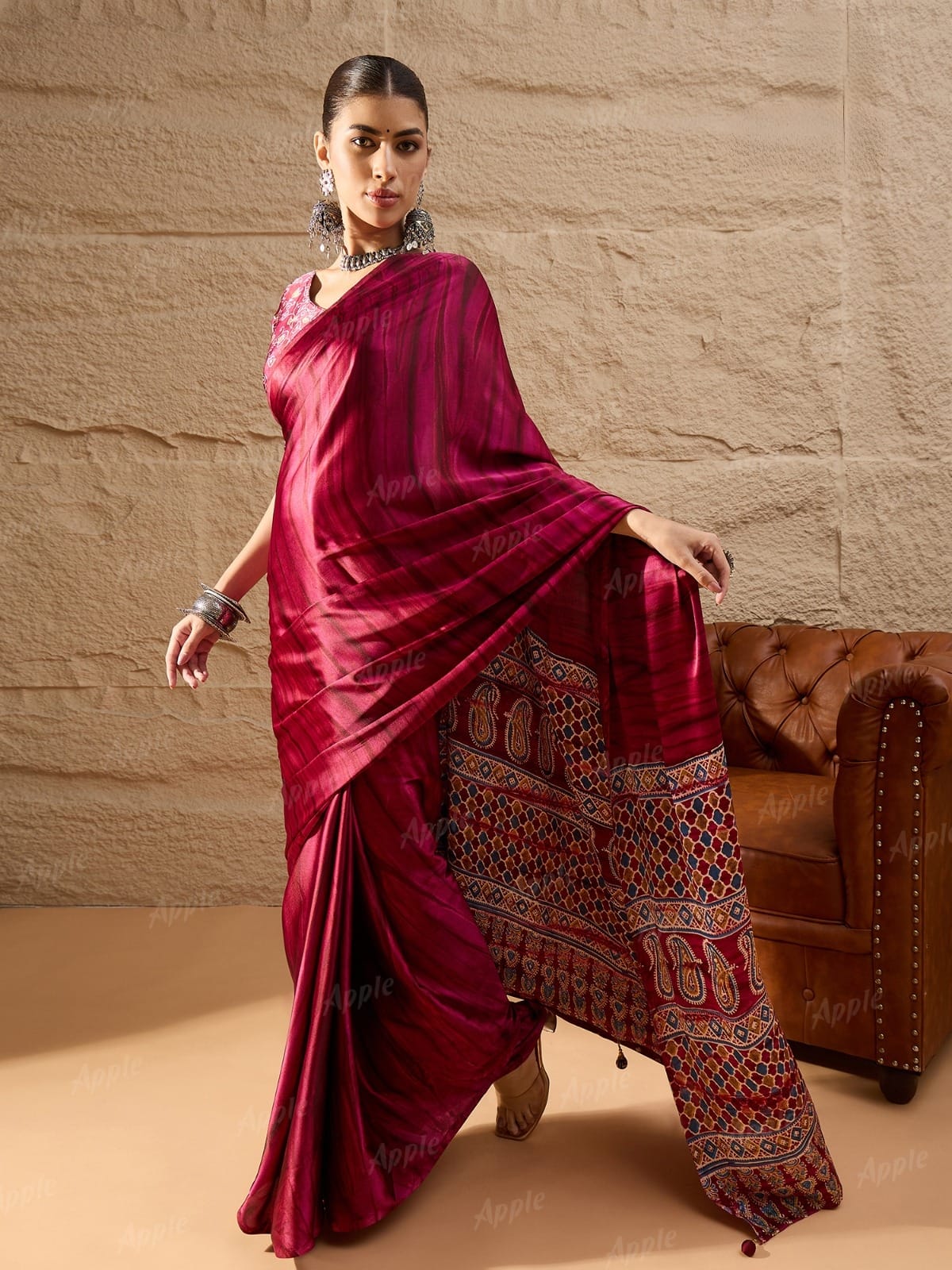 Elegant Wine Maroon Silk Saree with Traditional Printed Pallu – Perfect for Weddings, Parties & Festive Wear